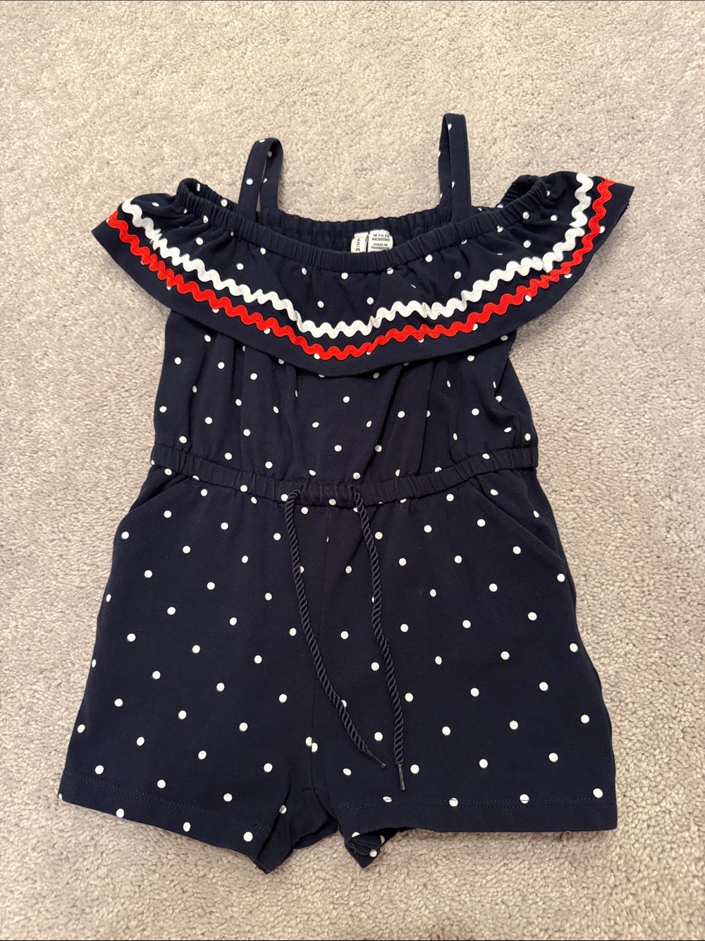 Janie and Jack Navy Polka Dot Off-Shoulder Romper with Red & White Trim